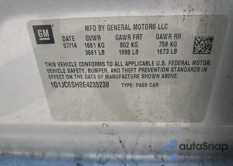 2014 Chevrolet Sonic Lt Auto from USA, damaged, VIN 1G1JC6SH8E4235238